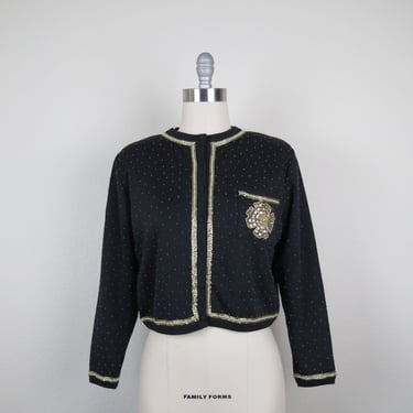 Vintage 1980s Liz Claiborne hand beaded crest cardigan sweater cropped wool blend, small, medium 