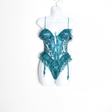 vintage 80s lingerie Frederick's of Hollywood teal lace teddy negligee garter M clothing 