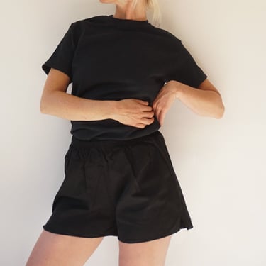 Vintage 26-32 Black Leisure Cotton Shorts | Waist Elastic Shorts | S-M-L 