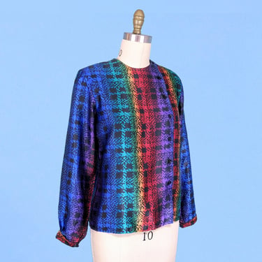 Vintage 80s Colorful Silky Long Sleeve Blouse, Vintage 1980s Abstract Geometric Print Loose Fit Top 