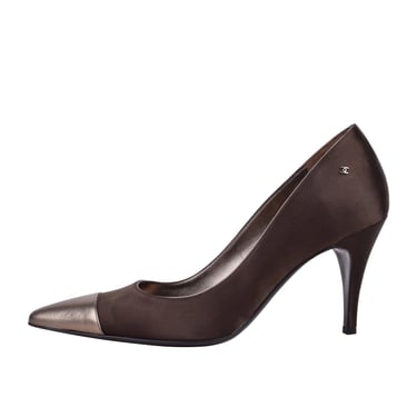 Chanel Vintage AW 2004 Deepest Brown Satin and Bronze Leather Cap Toe Pumps