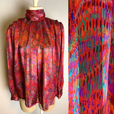 Vintage 80s Multi Colored Pleated, Cowl Neck, Puff Sleeve Floral Blouse Size 8 