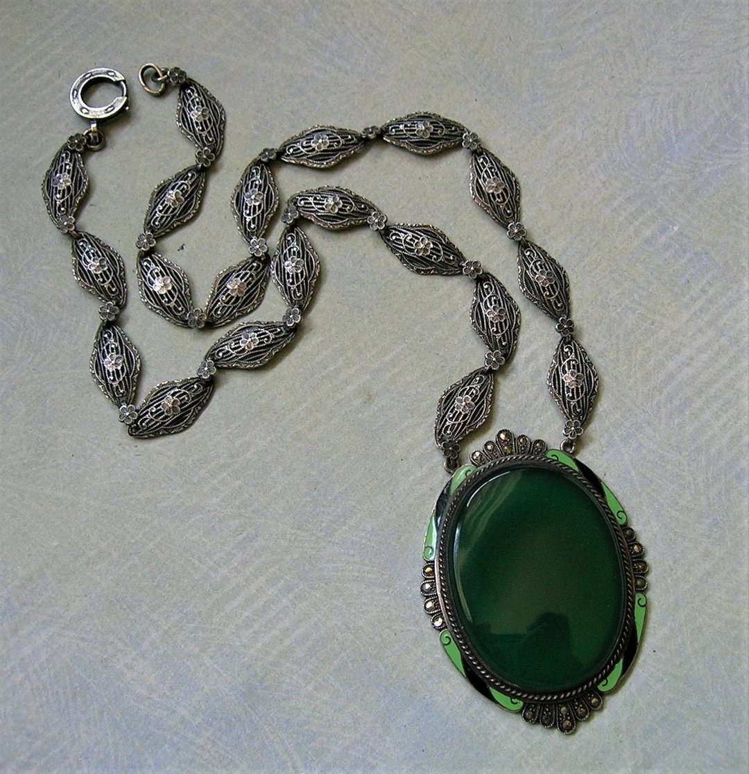 Antique sterling deals and marcasite green stone necklace