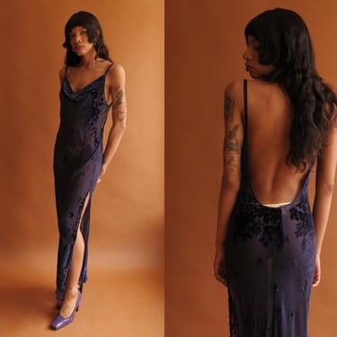 Vintage Burnout Velvet Backless Slip Dress/ Victorias Secret Navy Blue Silk Rayon Bias Cut Gown/ Size M-XL 