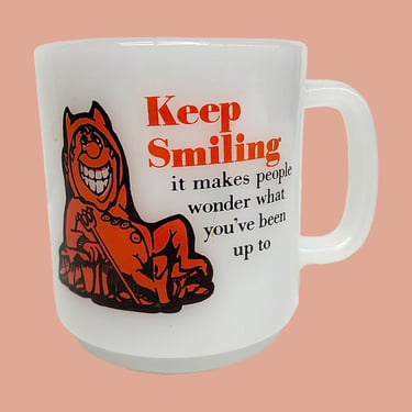 Vintage Keep Smiling Mug Retro 1980s Glasbake + C.M. Paula + Red Devil + Makes People Wonder What You've Been Up To + Milkglass + Kitchen 