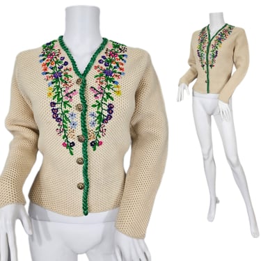 Modette 1950's Cream Floral Embroidered Waffle Knit Wool Cardigan Sweater I Sz Med I Austrian 