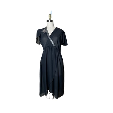 Vintage Samuel Blue Black Sheer Chiffon Wrap Dress Silver Beaded Trim, size 8 