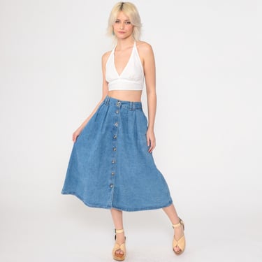 Vintage Denim Midi Skirt 90s Blue Jean Skirt Button Up Jean High Waisted Pleated A-Line Skirt Retro Basic Plain Simple 1990s Medium 8 Petite 