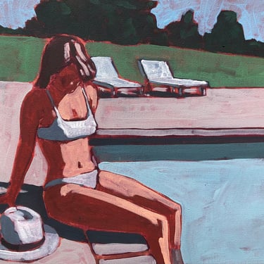 Pool #102 - Original Painting on Canvas, 16 x 12, small, fine art, figurative, one of a kind, water, swimsuit, tanning, michael van, woman 