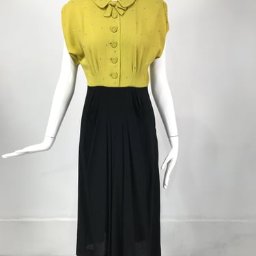 Original Paramount Junior Chicago 1940s Chartreuse &amp; Black Crepe Dress