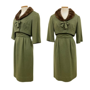 Vtg 1960s Mod MCM Mid Century Jackie O Classic Olive Green Skirt Suit Set 