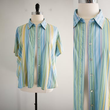 1990s Bill Blass Striped Short Sleeve Blouse 