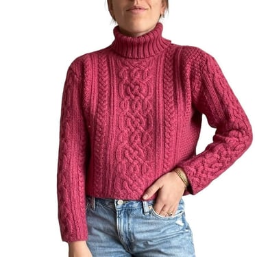 Paul James Womens Pink Wool Soft Cropped Fisherman Chunky Turtleneck Sweater 
