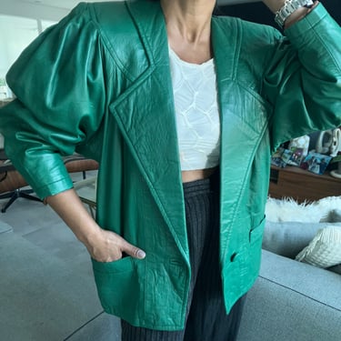 vintage 80s genuine leather emerald puffed raglan sleeve oversized jacket 