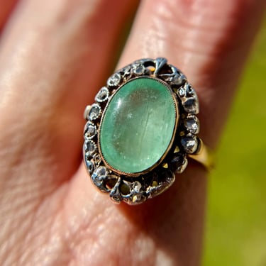 Lovely Antique Victorian 14K Gold Large Green Beryl or Emerald Diamond Ring 7.5 