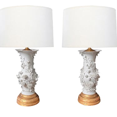 Quality Pair of French Blanc de Chine Lamps with Applied Floral Vines