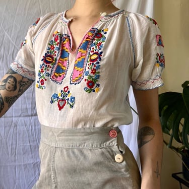 1940's Hungarian Blouse / Embroidered Peasant Blouse / Colorful Embroidery / Semi Sheer / Penny Lane Blouse 