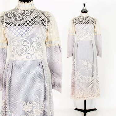 1970s White Lace Maxi Dress | 70s Creme Lace Peasant Dress | BoHo | Wedding | Joy Stevens California | X Small 