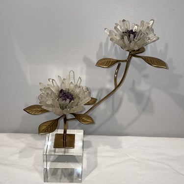 John Richard crystal flower Sculpture, Quartz and Amethyst Crystal, brass flowers, elegant flower sculpture,crystal flower sculpture 