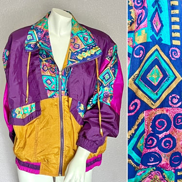 Nylon Bomber Jacket, Windbreaker, Tribal Print, Purple / Gold, Zip Front, Jogging, Racer,  Vintage 90s 