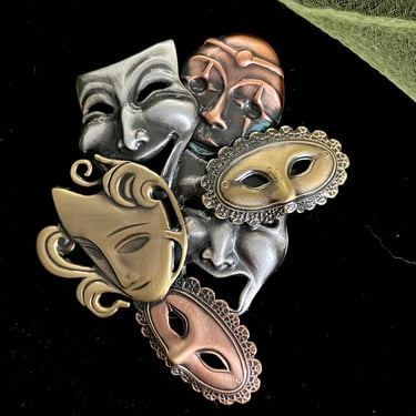 Large Statement Pin, Brooch, Drama Masks, Masquerade, Tri Color Metal,  Theatre, Vintage 