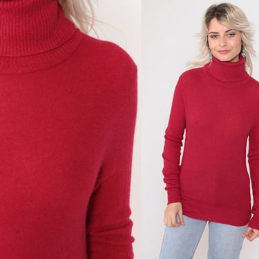 Angora Wool Turtleneck Sweater 90s Cherry Red Knit Sweater Pullover Plain Vintage 1990s Extra Small xs 