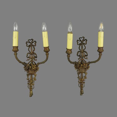 Pair of French Ribbon &#038; Floral Basket 2 Arm Brass Wall Sconces
