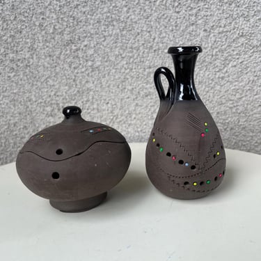 Vintage Clay Art Pottery Set Pot & Bottle  Holes With Colors Design 