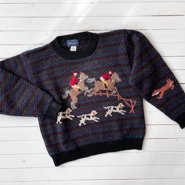 embroidered sweater | 80s 90s vintage Woolrich horse rider equestrian dog fox hunt intarsia mockneck sweater 