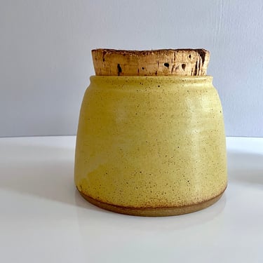 Large Studio Pottery Cookie Jar, Treat Jar, Rustic Cork n Stoneware, Mustard Yellow with Brown Speckles - Kitchen Bathroom Storage Canister 
