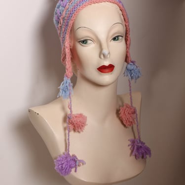 1970s Pink, Blue and Purple Pom Pom Crochet Knit Winter Stocking Cap Hat 