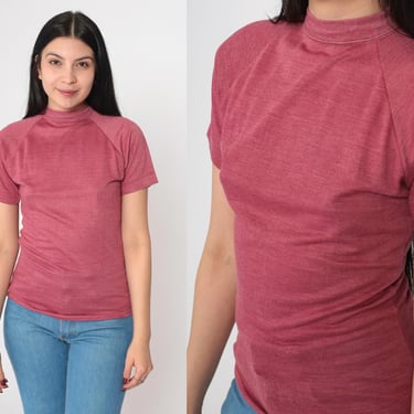 80s Pink T-Shirt 80s T Shirt Single Stitch Raglan Sleeve Tee Mock Neck Shirt Plain TShirt Vintage Retro Basic Extra Small xs 0 