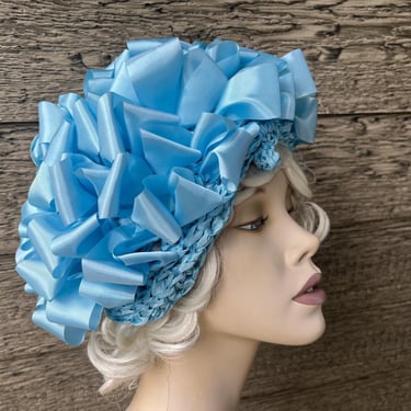 1960s blue ribbon hat looped beret / tam cap 