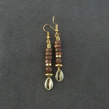 Modern wooden and gold cowrie earrings 