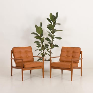 Rare Grete Jalk teak lounge chairs in aniline cognac leather for Cado, Denmark, late 1960s 
