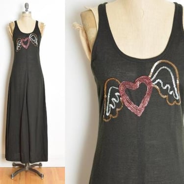 vintage 70s dress black sequin HEART wings racerback disco long maxi sundress S clothing 