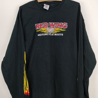 L 90s Jerzees Red Wing Boots Motorcycle Boots Longsleeve T-Shirt Large Cotton Black 1990s 2000s Sleeve Flames Mall Goth Harley Davidson 