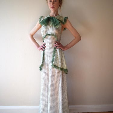 1930s swiss dot gown . 30s ruffled dress . size xxs to xs 