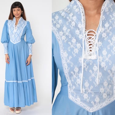 70s Prairie Dress Blue Lace Bib Victorian Maxi Boho Lace Up Corset Long Puff Sleeve 1970s Bohemian Long Cottagecore Formal Prom Hippie Small 