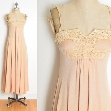 vintage 70s dress nude crochet hippie boho disco goddess maxi sun dress XS clothing prom 