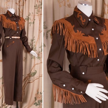1940s Western Set - Rare Vintage 40s Two Piece Women's Western Wear Ensemble from Hillbilly Westerns in Brown with Suede Fringe 
