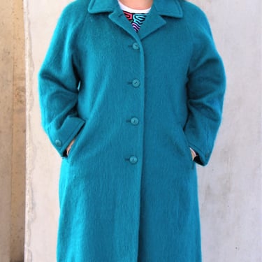 Mohair Coat, Vintage 1980s Rice Coat Company, Turquoise Mohair Blend, L/XL Women 