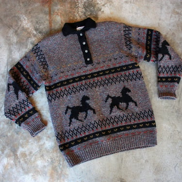 80s Wool Horse Motif Novelty Sweater with Rugby Collar Size M 