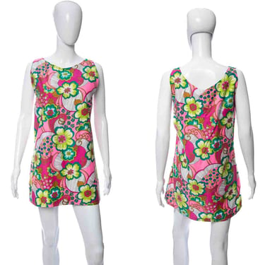 1960's Pink and Multicolor Psychedelic Floral Printed Sleeveless Mini Dress Size M/L