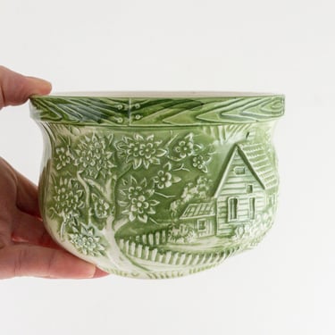 Vintage Ceramic Jardiniere Planter with Cottage Scene, Green Bas-Relief Ceramic Planter, Hanging Planter, Made in Japan 