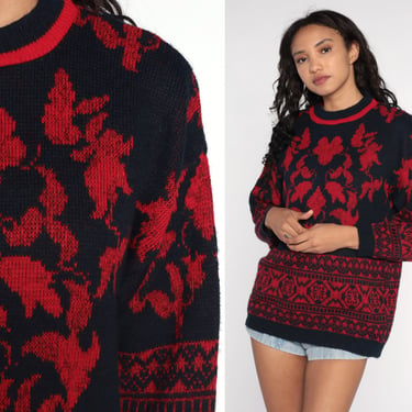 80s Abstract Sweater 70s Red Leaf Print Knit Sweater Navy Blue Jumper 1990s Statement Ringer Sweater Pullover Crewneck Medium Large 