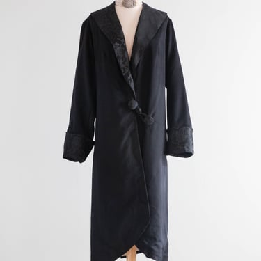 Elegant Early 1920's Black Wool Gabardine Evening Coat / M