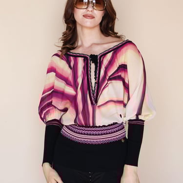 Vintage Roberto CAVALLI Y2K Era Tie Dye Silk + Knit Blouse with Keyhole Tie Front sz IT 44 S M Purple Pink White Ribbed Knit Trim Boho 