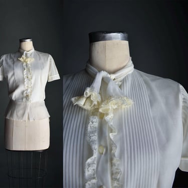 1950s White Pleated Blouse  w/ Tie / Vintage White Blouse Small / Tie Neck Vintage Blouse / Sheer 1950s Blouse 
