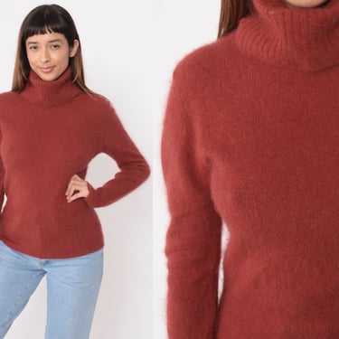Angora Wool Sweater 80s Rust Red Turtleneck Knit Sweater Pullover Plain Tight Fuzzy Sweater Vintage 1980s Small Medium 